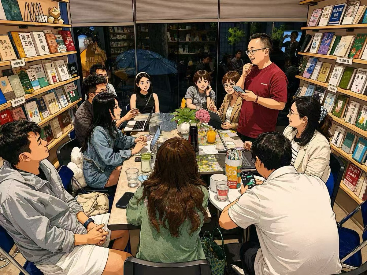 猫客厅成员在书墙旁交流分享